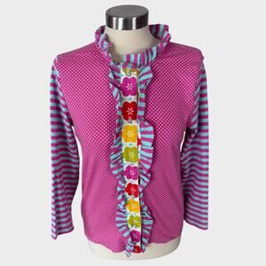 Mustard Pie Womens Medium Pink Blue Button Front Long Sleeve Top